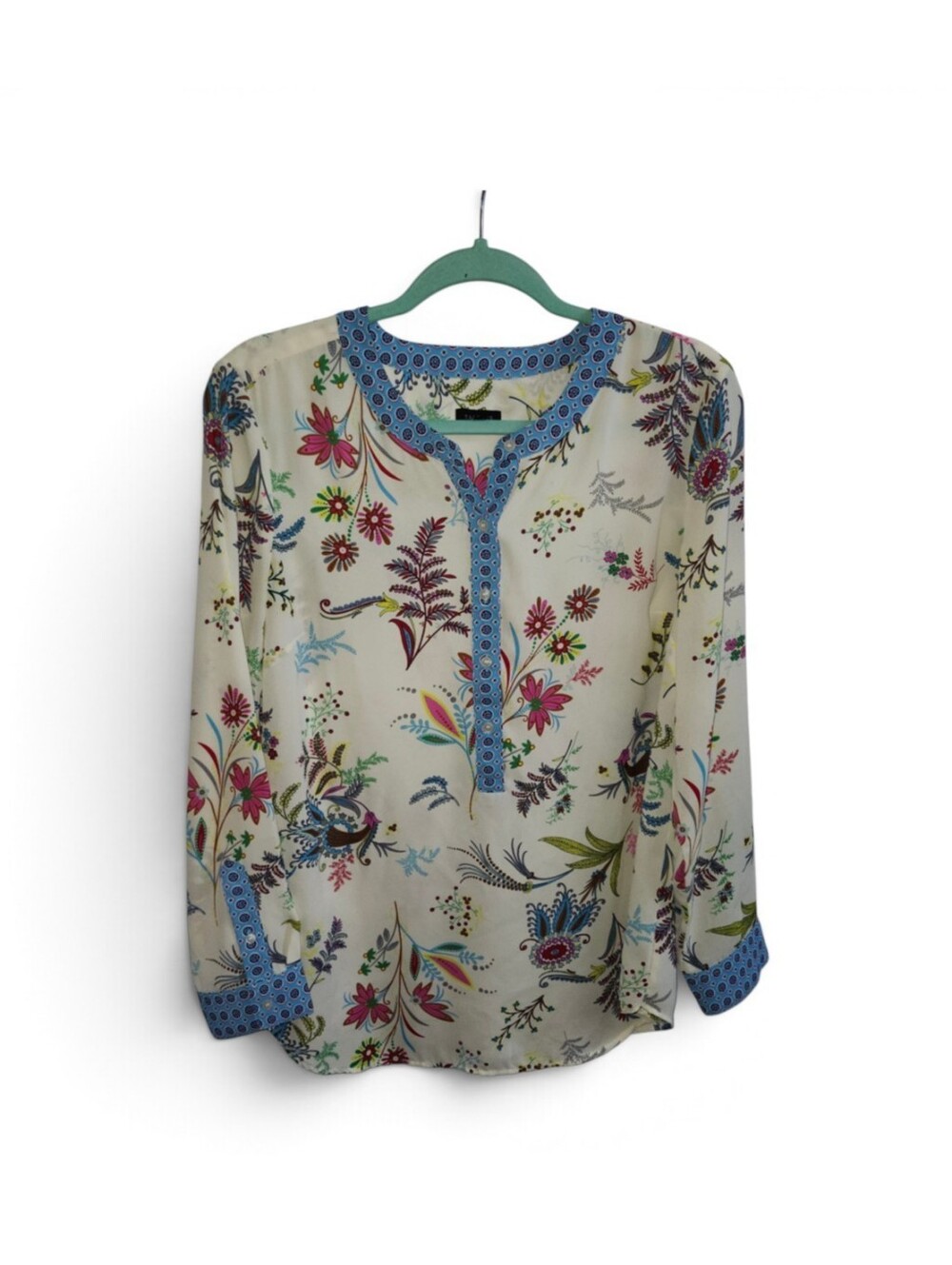 Talbots Cream Tunic Blouse with Blue Trim and Multicolor Floral Print